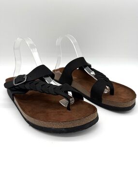 White Mountain Footbeds Happier Toe Loop Slip On black Leather Sandals Sz 11